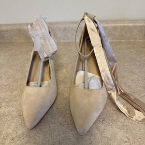 Beige Suede‎ Ankle Wrap Heels Satin Ribbon Tie Pumps Bridal Formal Shoes 5.5